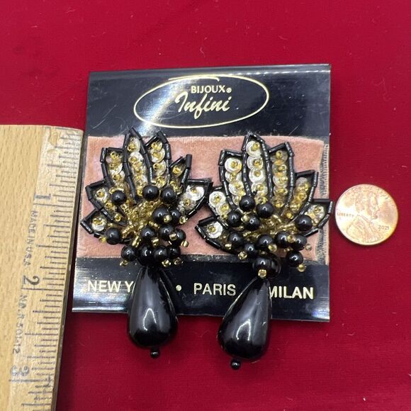 Vintage Bijoux Infini Clip On Earrings Black Beads‎ With Gold Tone Rhinestone - Picture 4 of 5